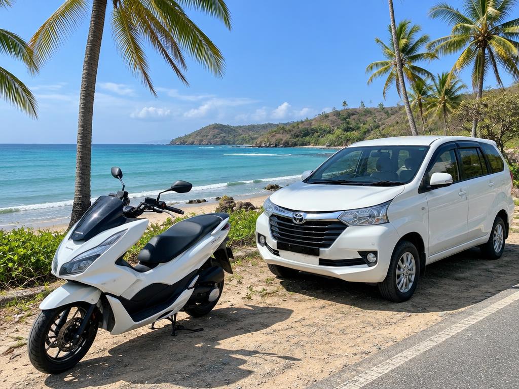Motor matic dan mobil sewaan terparkir di tepi pantai Lombok